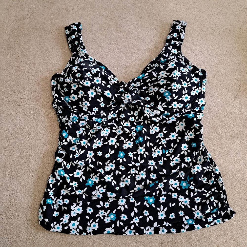 Anne Cole Black and Blue Floral Swim Top Women's Size 18W Tankini Bathing Suit